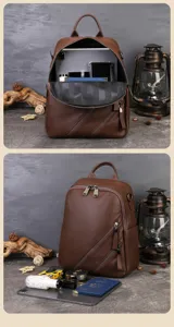 Sac à dos en cuir véritable pour femme, élégant sac de voyage marron de grande capacité.
