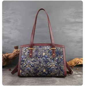 Elegant floral embroidered leather patchwork shoulder bag large capacity women handbag retro style