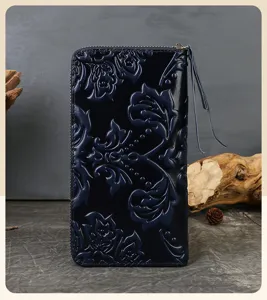 Detailed view of dark blue embossed leather long wallet featuring vintage floral pattern.