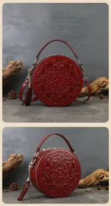 Vintage embossed round leather handbag women luxury crossbody shoulder bag detail view.