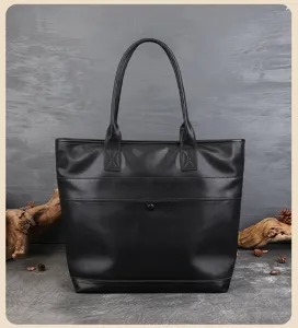 Black leather tote bag, large capacity shoulder bag, casual commuting handbag for women.