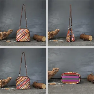 Bunte geflochtene Leder Umhängetasche für Damen, stilvolle handgefertigte Echtleder Muscheltasche.