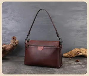 Genuine leather women shoulder bag multi-layer crossbody commuter brown square bag detail