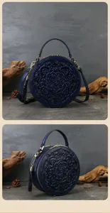 Retro embossed round leather handbag luxury women shoulder messenger bag casual stylish daily use