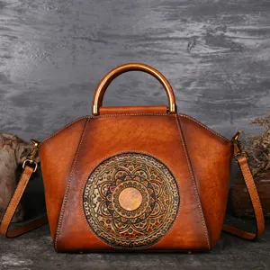 Vintage genuine leather handbag for women, embossed mandala totem top handle shoulder bag.