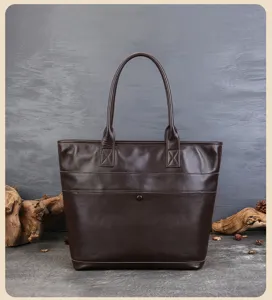 Retro brown leather women tote bag large capacity commuter shoulder handbag for casual travel.