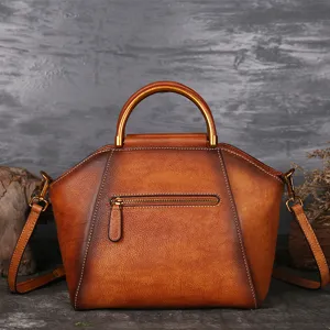 Vintage genuine leather women handbag top handle shoulder crossbody tote bag brown retro style