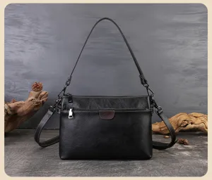 Black genuine leather women shoulder bag multi layer crossbody bag commuter daily stylish bag