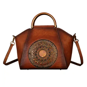 Vintage genuine leather handbag for women, retro cowhide shoulder crossbody bag with mandala pattern.