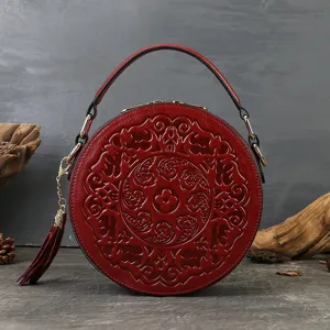 Retro Embossed Genuine Leather Small Round Bag Women Crossbody Shoulder Handbag Tassel Pendant Luxury Tote