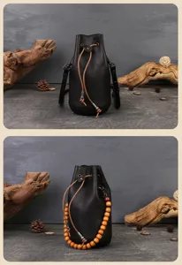 Handmade genuine leather bucket bag retro drawstring shoulder bag mini crossbody bag.