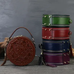 Retro embossed round leather handbag luxury stylish women crossbody shoulder bag top