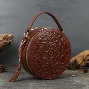 Vintage embossed round leather handbag women luxury designer style crossbody shoulder bag
