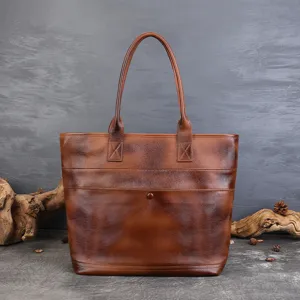 Women Vintage First Layer Cowhide Tote Bag Large Capacity Casual Commuter Shoulder Bag Retro Leather Handbag