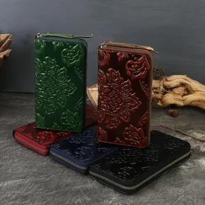 Women genuine leather long wallet vintage floral embossed zipper purse multi-card clutch handbag