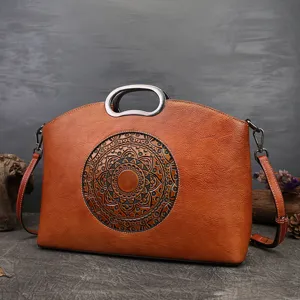 Vintage Top Layer Cowhide Women Tote Bag Embossed Totem Handbag Casual Leather Crossbody Bag Daily Commuting Bag