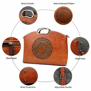 Vintage genuine leather tote bag for women with embossed mandala pattern and metal top handle.