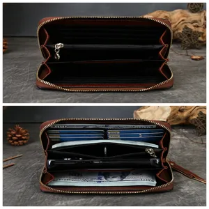 Brown genuine leather zip around long wallet for women with multiple card slots and cash compartments