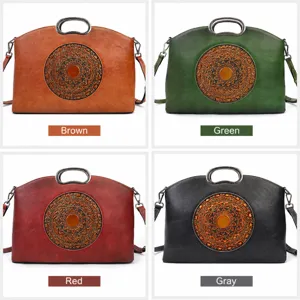 Vintage genuine leather women handbag top layer cowhide tote bag embossed crossbody bag