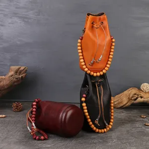 Handmade vegetable tanned leather bucket bag retro drawstring shoulder crossbody bag for women