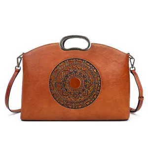 Vintage genuine leather women handbag embossed tote bag with metal handle and strap.