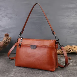 Genuine Leather Women's Underarm Bag Large Capacity Vintage Commuter Shoulder Crossbody Bag Multi-Layer Zipper Handbag