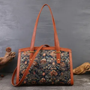 Vintage floral tapestry shoulder bag, large capacity Boston handbag with brown leather trim.