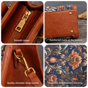 Women retro embroidered boston shoulder bag vintage leather patchwork casual handbag daily use