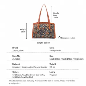 Women large capacity boston handbag vintage embroidered top handle shoulder tote bag
