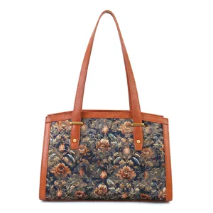 Vintage floral tapestry shoulder bag for women, large capacity boston handbag with leather trim.