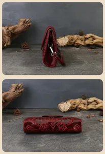 Detailed view of the retro embossed leather evening clutch, showing texture and side profile.