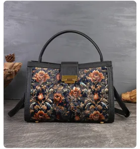 Close-up of the vintage embroidered handbag showing detailed floral tapestry and metal clasp.