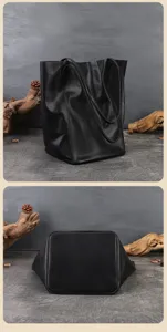 Dettaglio della borsa shopper in pelle nera di grande capacità con texture morbida.