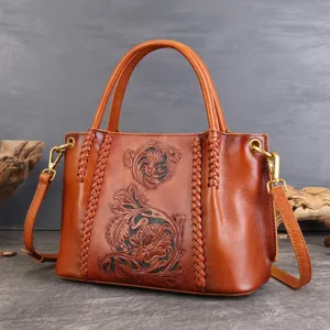 Handgemaakte Geweven Echte Lederen Tote Tas Voor Dames Vintage Met De Hand Gesneden Bloemen Schoudertas