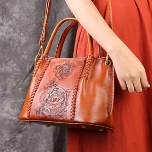 Vintage echt lederen tote tas met de hand gesneden bloemen schoudertas dames handtas