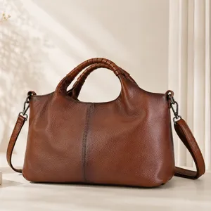 Vintage genuine leather tote bag for women, large capacity retro soft cowhide handbag with top handles.