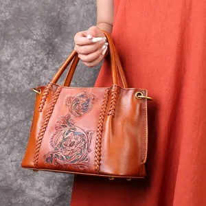 Handgemaakte Vintage Gembosserde Lederen Tote Tas Vrouwen Gesneden Bloemen Handtas