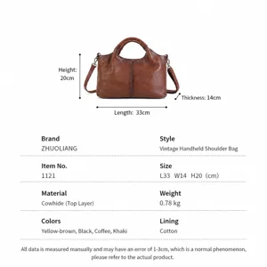 Vintage genuine leather handbag for women, soft cowhide shoulder bag and tote with top handle.