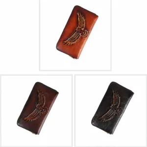 Genuine cowhide leather long wallet for men and women with embossed eagle design, large capacity.