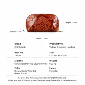 Pochette vintage en cuir véritable gaufré pour femme, portemonnaie en cuir de vache.