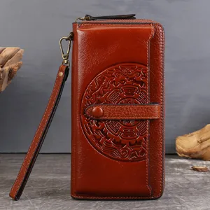 Vintage top layer cowhide women leather wallet large capacity retro multifunction phone bag
