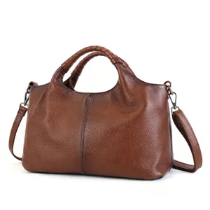 Vintage genuine leather tote bag for women, large capacity brown shoulder handbag with top handles.