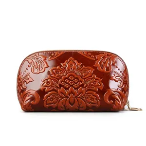 Porte-monnaie vintage en cuir veritable embosse sac pochette zippee marron pour femme