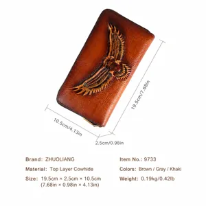 Genuine top layer cowhide long wallet for men and women, embossed eagle design with large capacity.