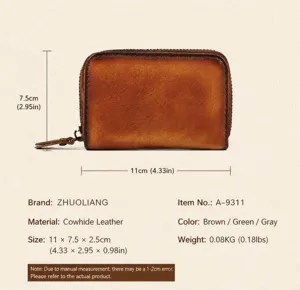 Genuine leather card holder detail view showcasing fine zipper quality and compact size design.