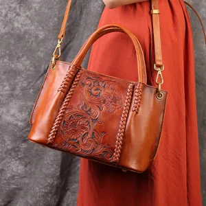 Vintage Genuine Leather Tote Bag For Women Handcrafted Carved Pattern Woven Top Handle Shoulder Crossbody Bag Casual Retro Purse