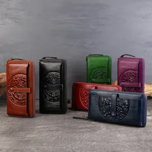 Genuine leather women long wallet retro embossed multi card holder large capacity phone purse
