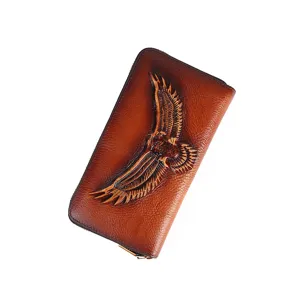 Genuine leather long zipper wallet for men and women with embossed eagle design large capacity bag