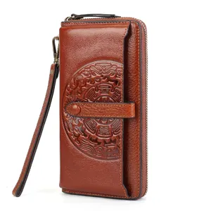 Women's genuine leather long wallet vintage brown cowhide phone bag with wrist strap.