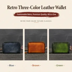 Genuine leather mini zipper card holder retro solid color coin purse wallet compact storage